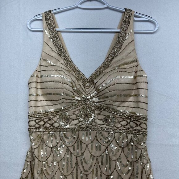 NWT Sue Wong Womens Champagne Column V-neck Empire Waist Gown Size 8 Style N3149 - Picture 6 of 16